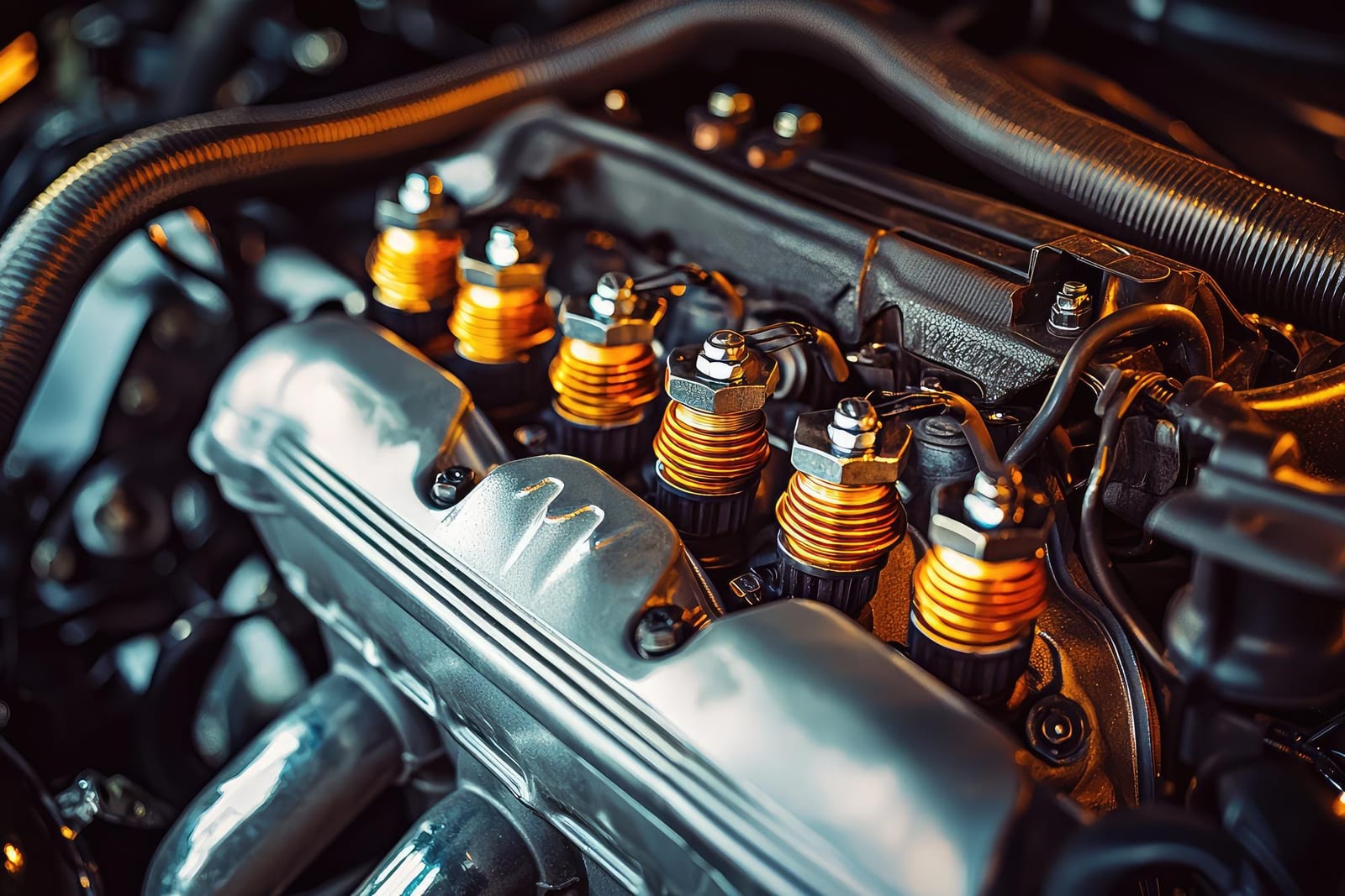 Detalhe de bobinas de ignição e da tampa de válvulas no compartimento do motor